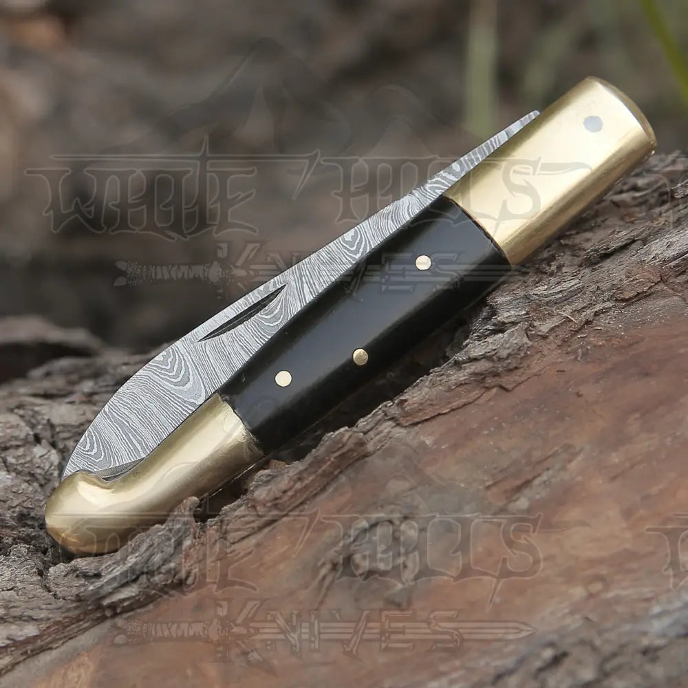 Hand Forged Damascus Steel Bull Horn Handle Pocket Knife With Genuine Cow Sheath Folding