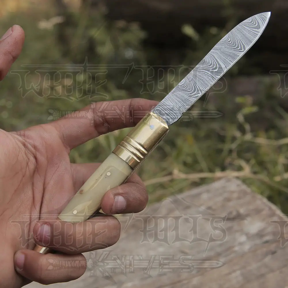 Hand Forged Damascus Steel Camel Bone Handle Pocket Knife With Genuine Cow Sheath Folding