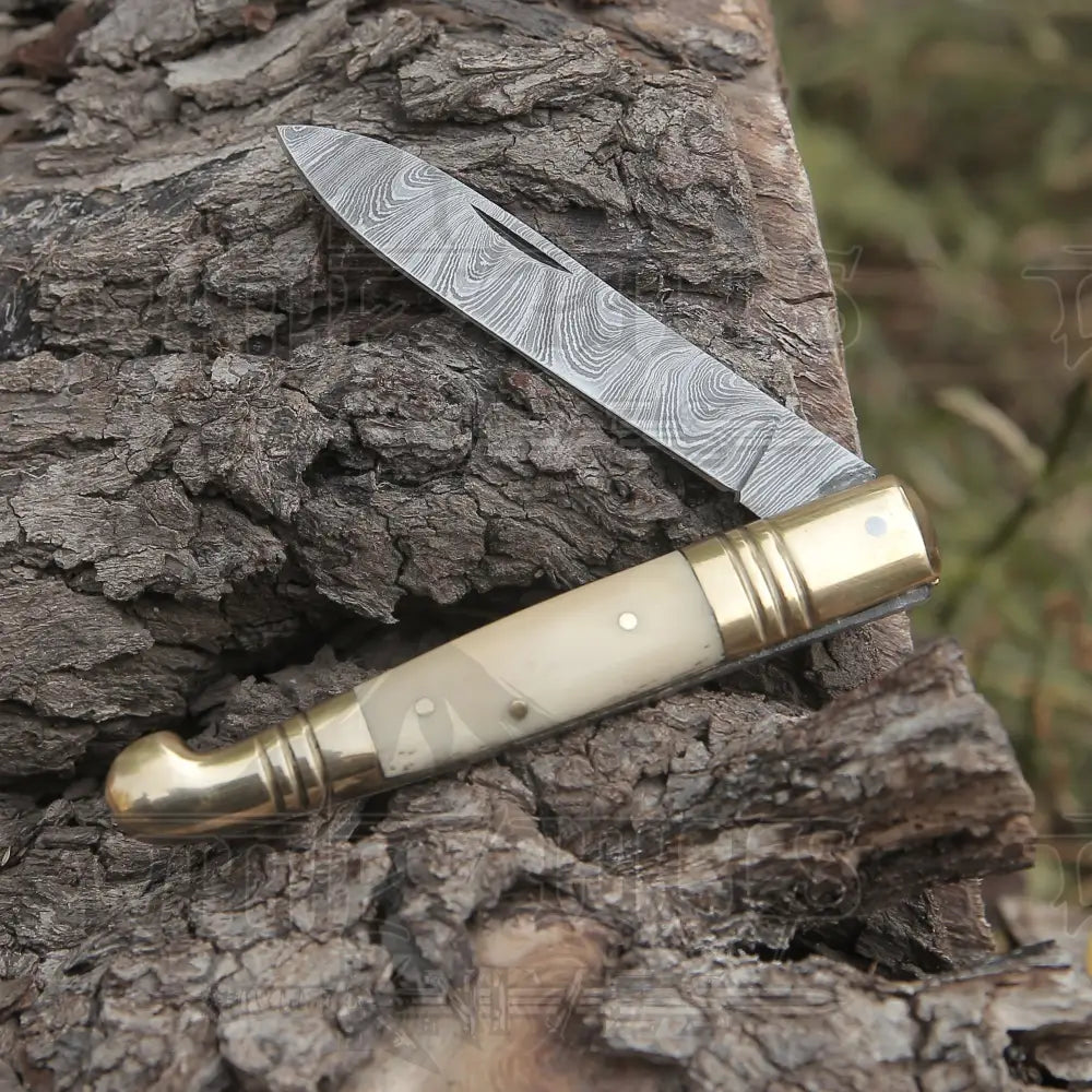 Hand Forged Damascus Steel Camel Bone Handle Pocket Knife With Genuine Cow Sheath Folding