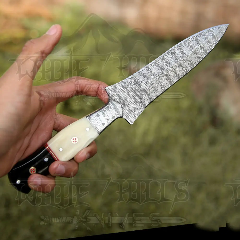 Hand Forged Damascus Steel Hunting Boot Knife With Bolster - Bull Horn & Bone Handle Boot Knife