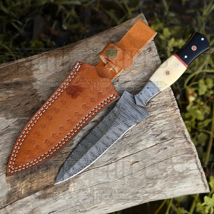 Hand Forged Damascus Steel Hunting Boot Knife With Bolster - Bull Horn & Bone Handle Boot Knife