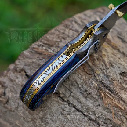 Hand Forged Damascus Steel Hunting Pocket Knife-Camping Folding Blade With Pocket Clip 3537-CP Folding Knife