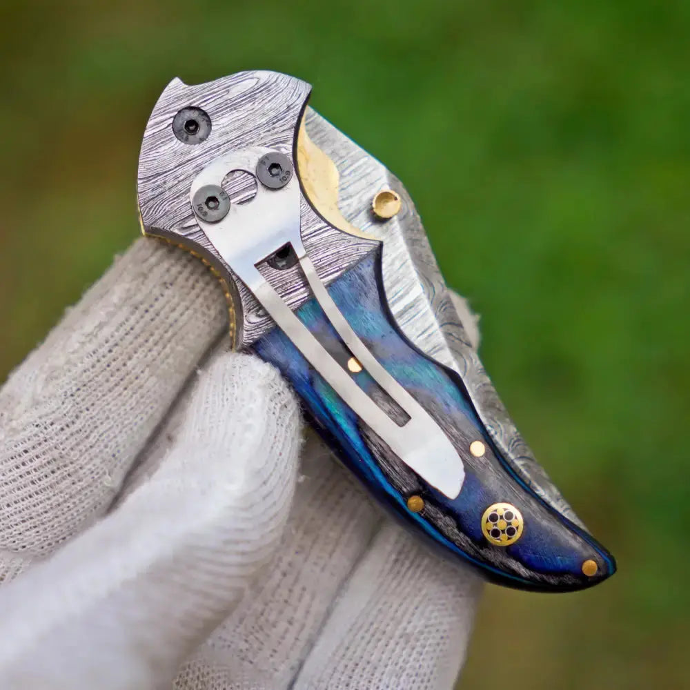 Hand Forged Damascus Steel Hunting Pocket Knife-Camping Folding Blade With Pocket Clip 3537-CP