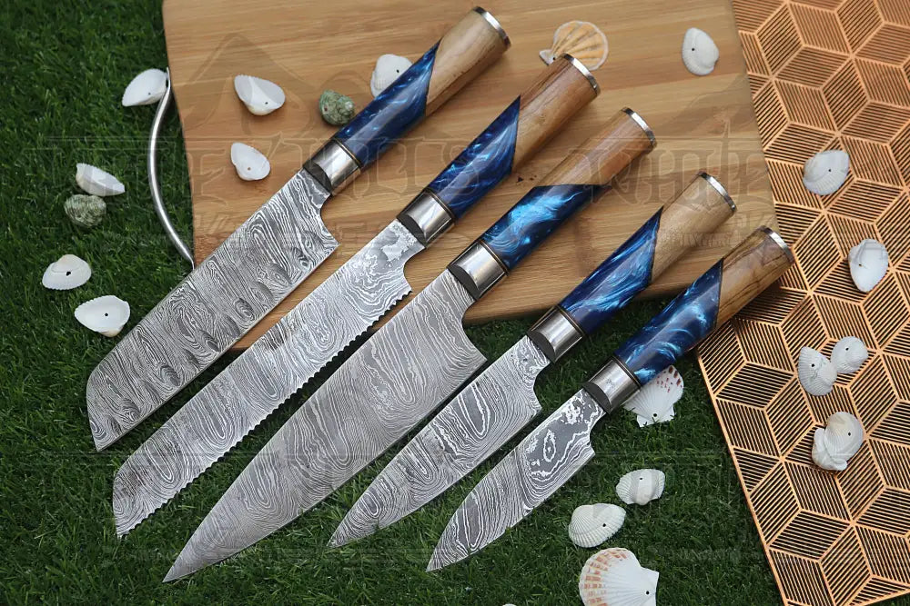 Handmade Chef Set 5 Piece Damascus Steel Knife Kitchen With Leather Cover Knives
