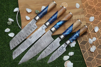 Handmade Chef Set 5 Piece Damascus Steel Knife Kitchen With Leather Cover Knives