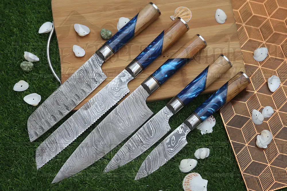 Handmade Chef Set 5 Piece Damascus Steel Knife Kitchen With Leather Cover Knives