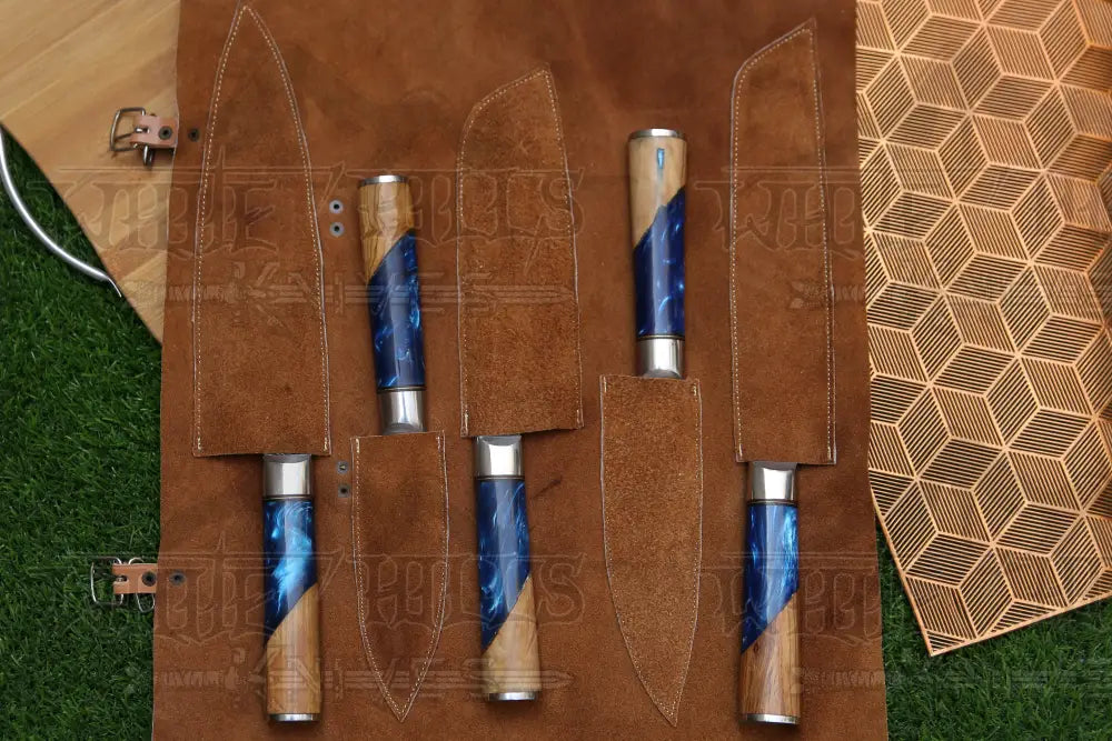 Handmade Chef Set 5 Piece Damascus Steel Knife Kitchen With Leather Cover Knives