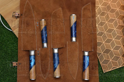 Handmade Chef Set 5 Piece Damascus Steel Knife Kitchen With Leather Cover Knives