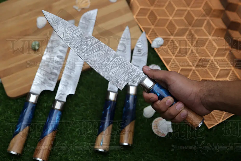 Handmade Chef Set 5 Piece Damascus Steel Knife Kitchen With Leather Cover Knives