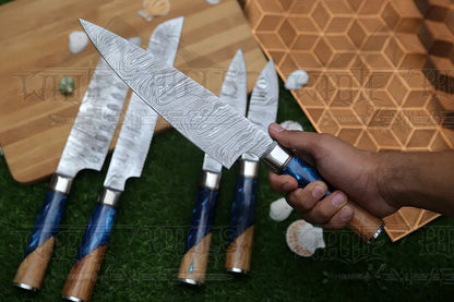 Handmade Chef Set 5 Piece Damascus Steel Knife Kitchen With Leather Cover Knives