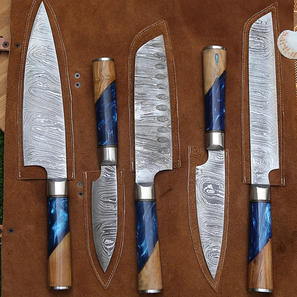 Handmade Chef Set 5 Piece Damascus Steel Knife Kitchen With Leather Cover Knives