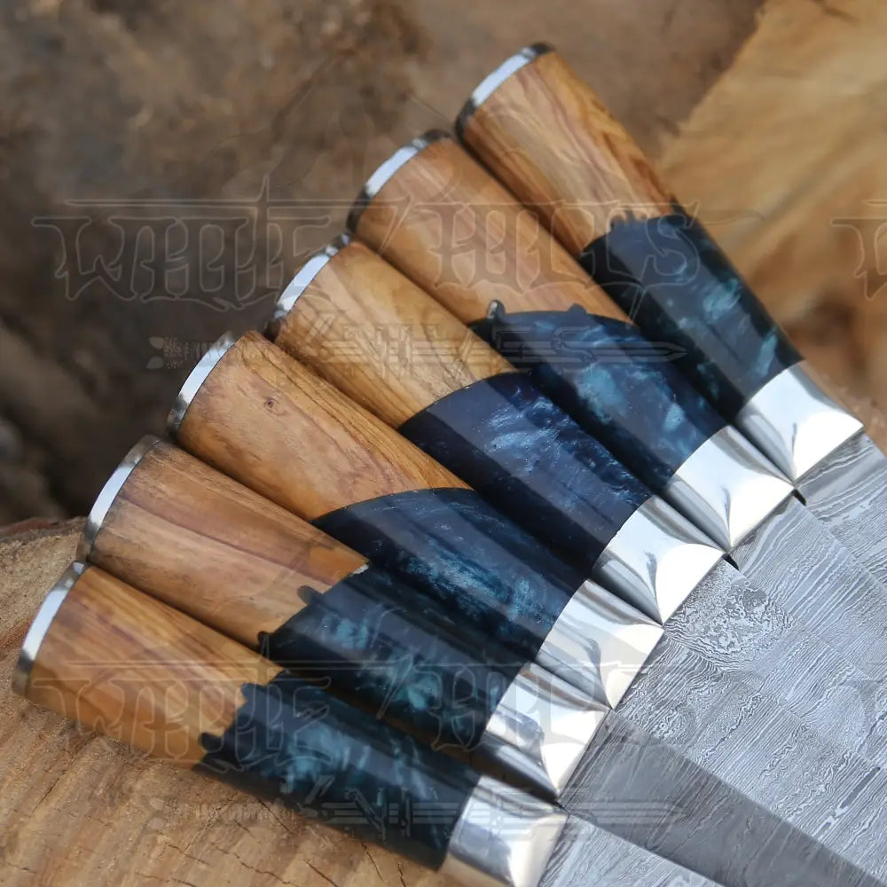 Handmade Damascus Chef Knife Set 6 Pieces Steel Kitchen With Leather Cover Knives