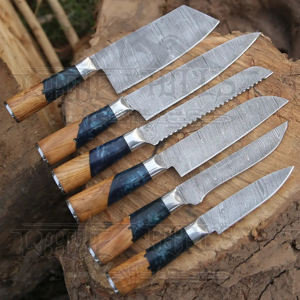 Handmade Damascus Chef Knife Set 6 Pieces Steel Kitchen With Leather Cover Knives