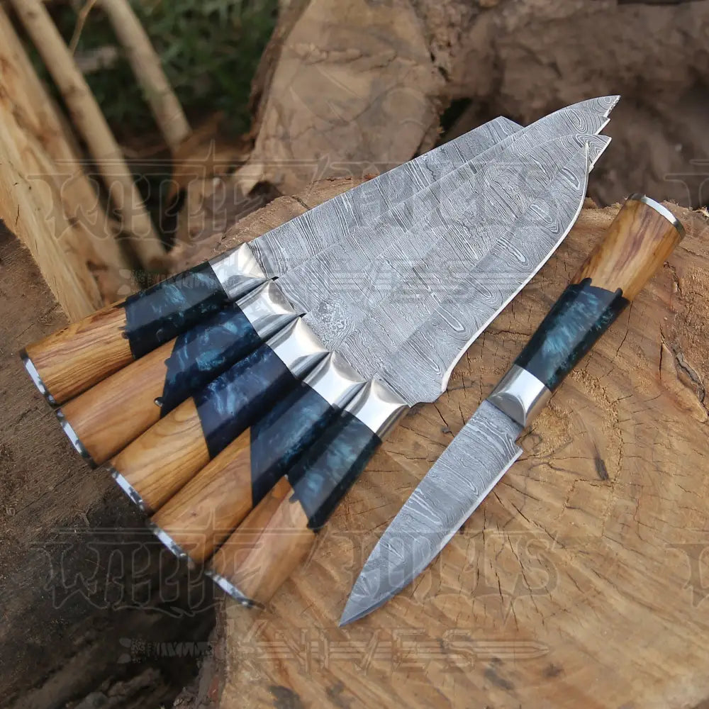 Handmade Damascus Chef Knife Set 6 Pieces Steel Kitchen With Leather Cover Knives