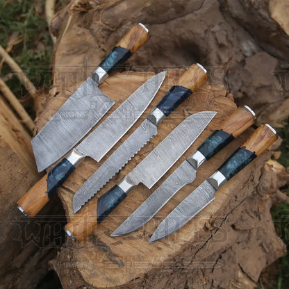 Handmade Damascus Chef Knife Set 6 Pieces Steel Kitchen With Leather Cover Knives