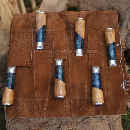 Handmade Damascus Chef Knife Set 6 Pieces Steel Kitchen With Leather Cover Knives
