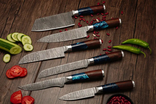 Handmade Damascus Chef Knife Set 6 Pieces Steel Kitchen With Leather Cover - Rosewood & Resin