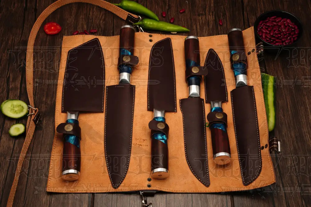 Handmade Damascus Chef Knife Set 6 Pieces Steel Kitchen With Leather Cover - Rosewood & Resin