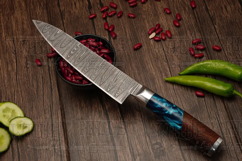 Handmade Damascus Chef Knife Set 6 Pieces Steel Kitchen With Leather Cover - Rosewood & Resin