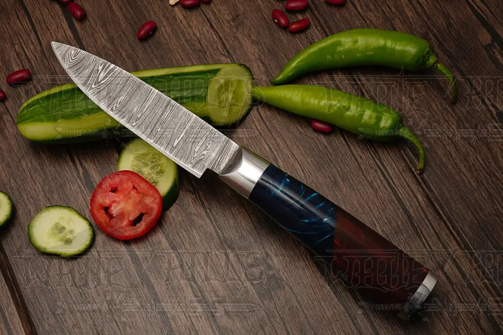 Handmade Damascus Chef Knife Set 6 Pieces Steel Kitchen With Leather Cover - Rosewood & Resin