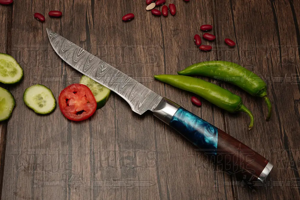 Handmade Damascus Chef Knife Set 6 Pieces Steel Kitchen With Leather Cover - Rosewood & Resin