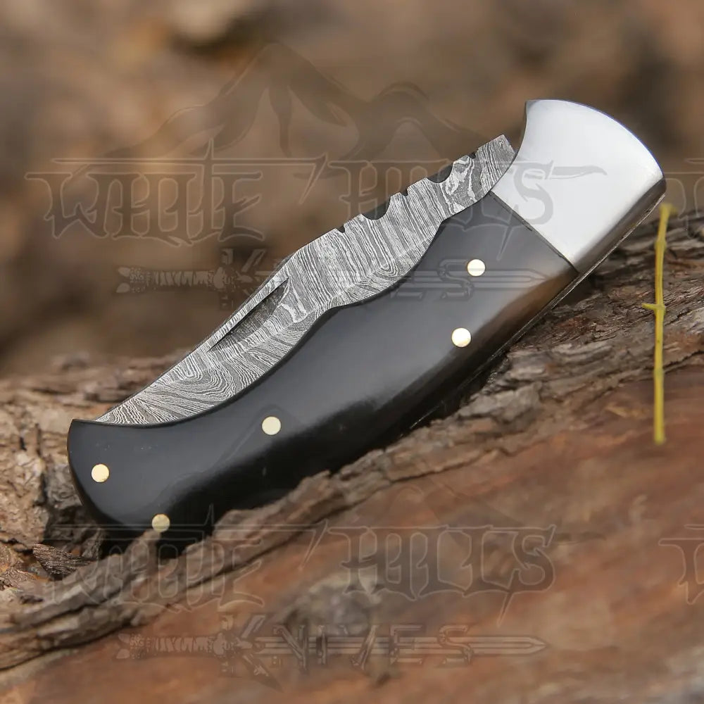 Handmade Damascus Folding Knife With Pocket Clip - 6.5 Back Lock Bull Horn Handle Camping