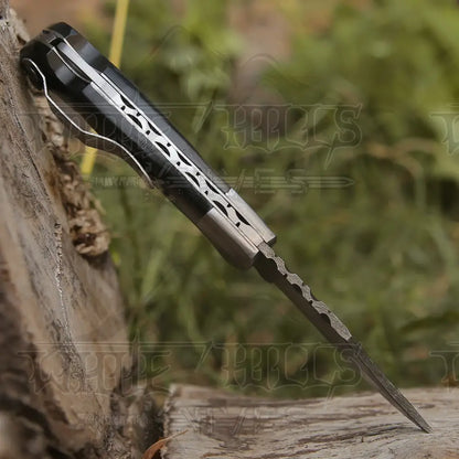 Handmade Damascus Folding Knife With Pocket Clip - 6.5 Back Lock Bull Horn Handle Camping
