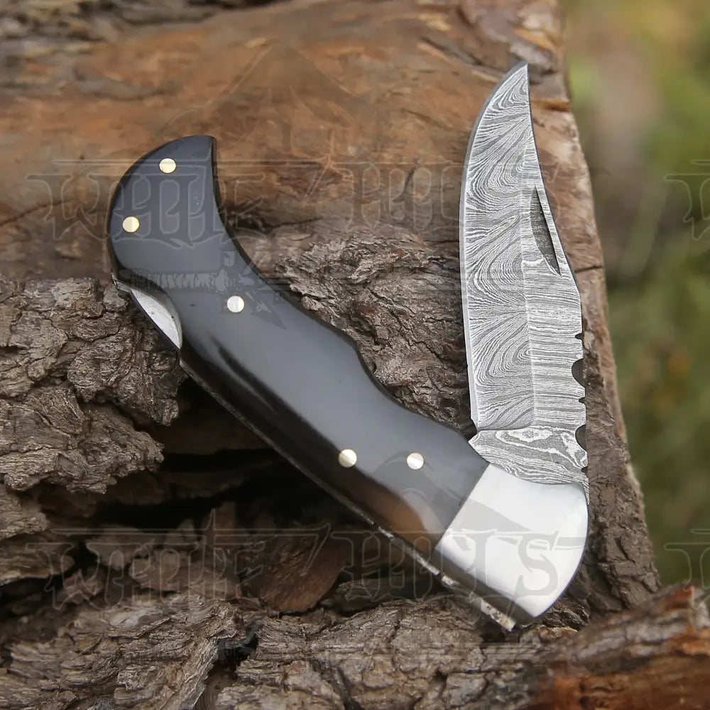 Handmade Damascus Folding Knife With Pocket Clip - 6.5 Back Lock Bull Horn Handle Camping