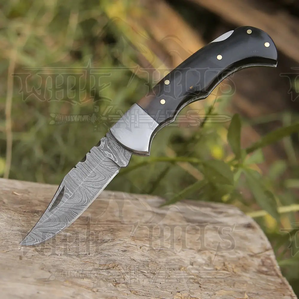 Handmade Damascus Folding Knife With Pocket Clip - 6.5 Back Lock Bull Horn Handle Camping