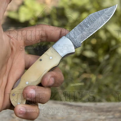 Handmade Damascus Pocket Knife - 6.5 Back Lock Folding Bone Handle Camping