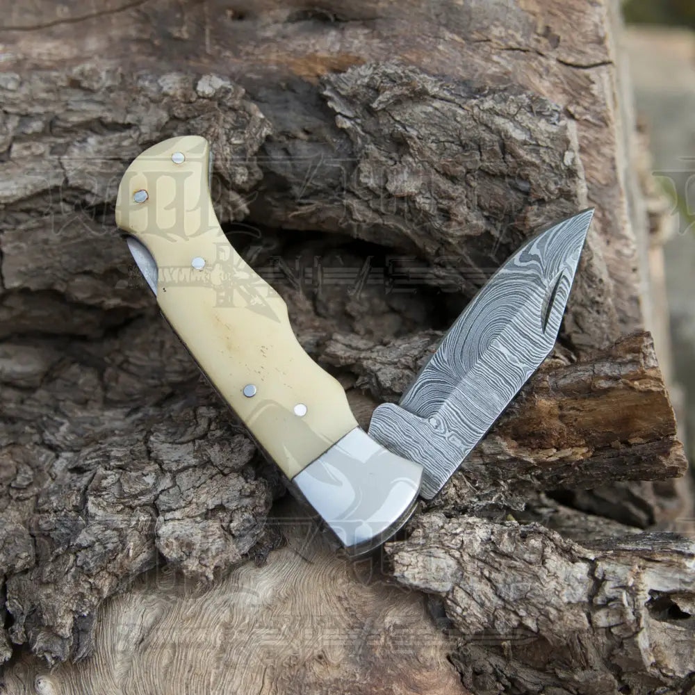 Handmade Damascus Pocket Knife - 6.5 Back Lock Folding Bone Handle Camping