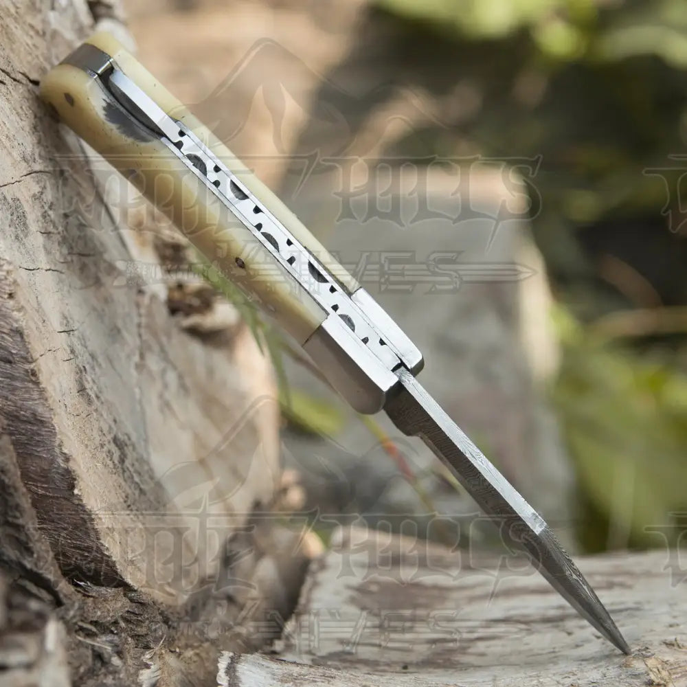 Handmade Damascus Pocket Knife - 6.5 Back Lock Folding Bone Handle Camping