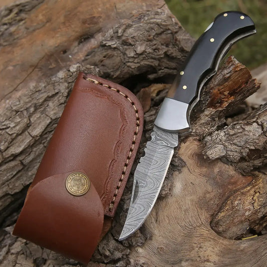Handmade Damascus Pocket Knife - 6.5 Back Lock Folding Bull Horn Handle Camping