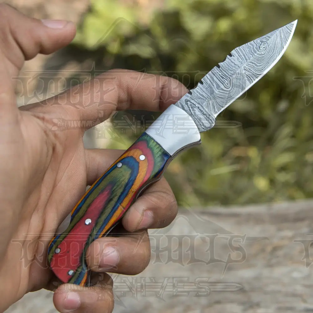 Handmade Damascus Pocket Knife - 6.5 Back Lock Folding Multi Stained Wood Handle Camping