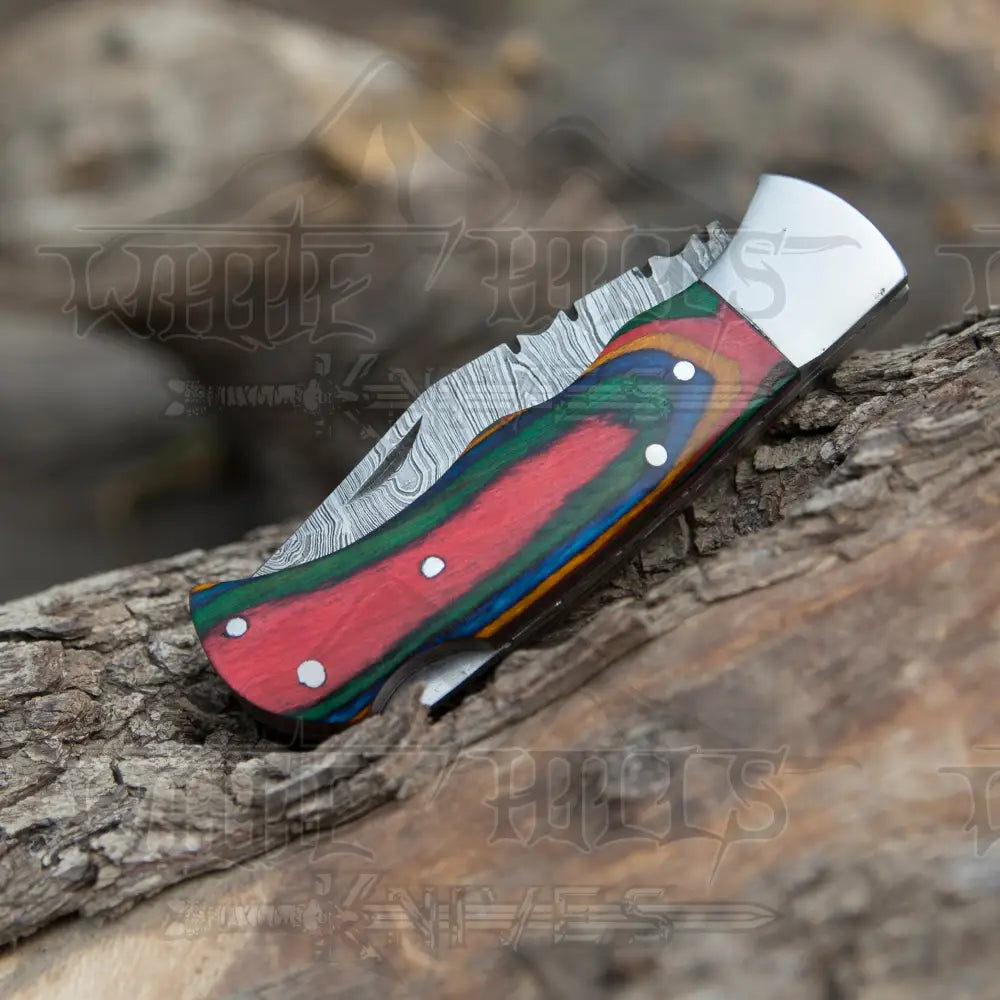 Handmade Damascus Pocket Knife - 6.5 Back Lock Folding Multi Stained Wood Handle Camping