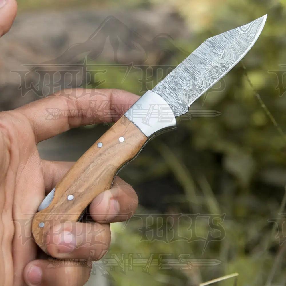 Handmade Damascus Pocket Knife - 6.5 Back Lock Folding Olive Wood Handle Camping
