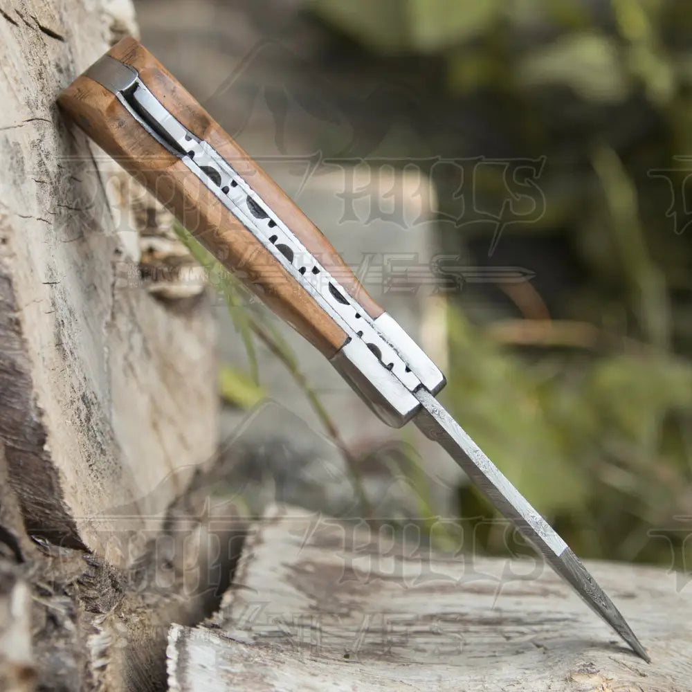 Handmade Damascus Pocket Knife - 6.5 Back Lock Folding Olive Wood Handle Camping