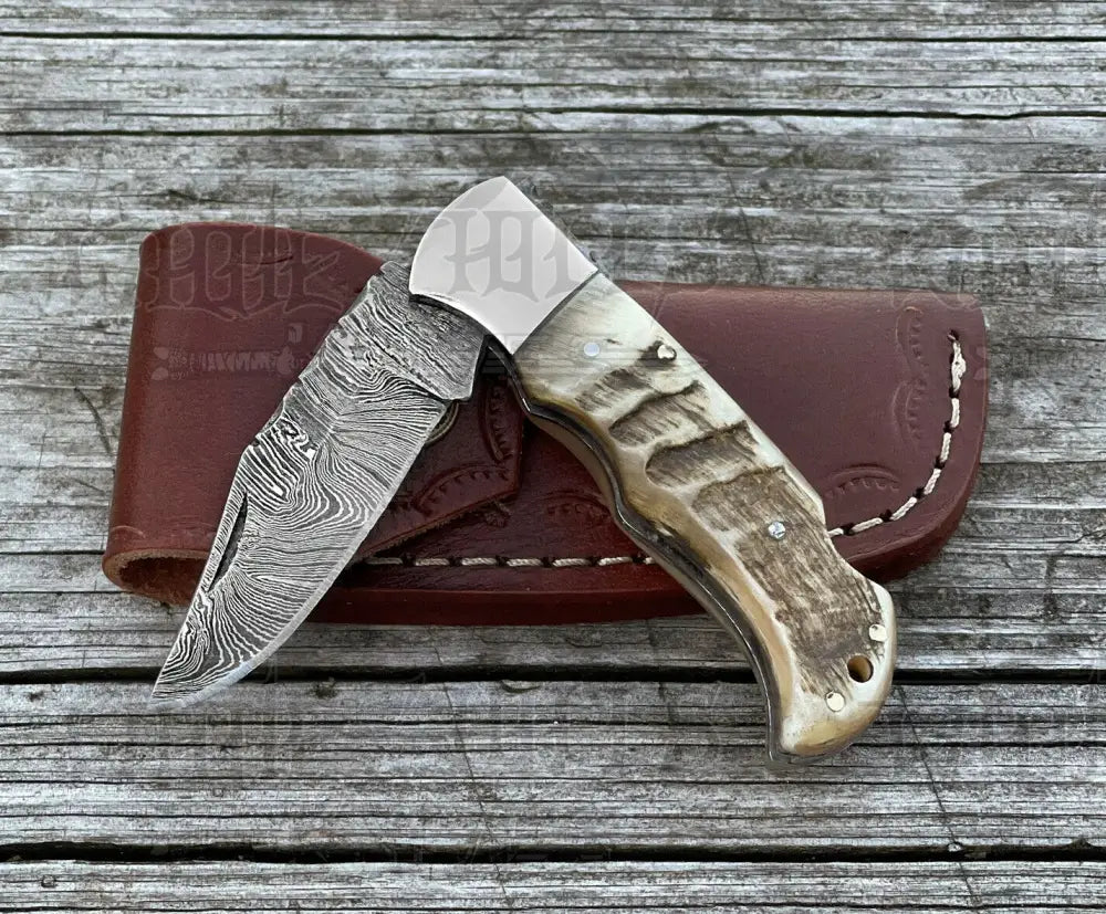 Handmade Damascus Pocket Knife - 6.5 Back Lock Folding Ram Horn Handle Camping