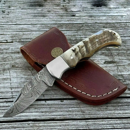 Handmade Damascus Pocket Knife - 6.5 Back Lock Folding Ram Horn Handle Camping