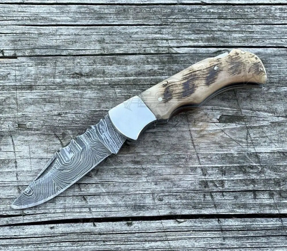 Handmade Damascus Pocket Knife - 6.5 Back Lock Folding Ram Horn Handle Camping