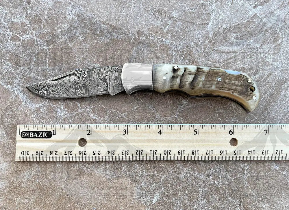 Handmade Damascus Pocket Knife - 6.5 Back Lock Folding Ram Horn Handle Camping