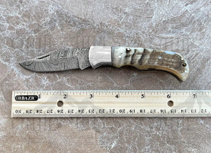 Handmade Damascus Pocket Knife - 6.5 Back Lock Folding Ram Horn Handle Camping