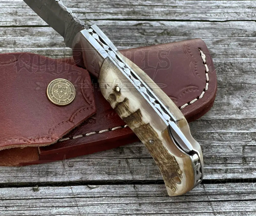 Handmade Damascus Pocket Knife - 6.5 Back Lock Folding Ram Horn Handle Camping