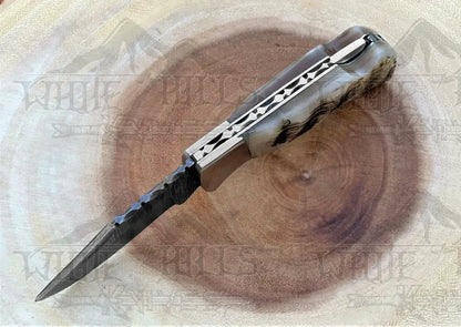 Handmade Damascus Pocket Knife - 6.5 Back Lock Folding Ram Horn Handle Camping