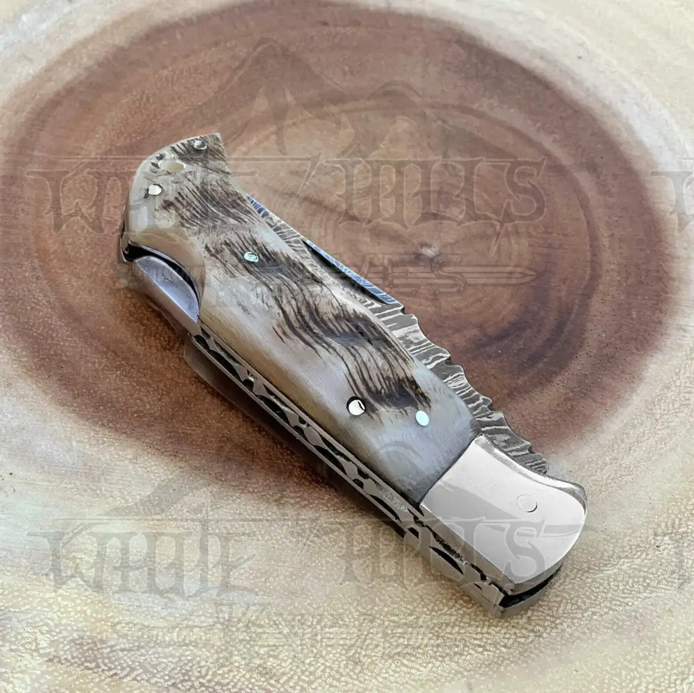 Handmade Damascus Pocket Knife - 6.5 Back Lock Folding Ram Horn Handle Camping
