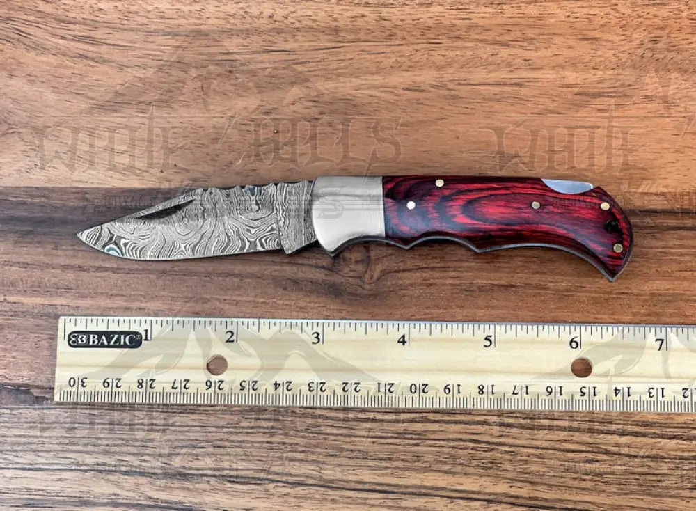 Handmade Damascus Pocket Knife - 6.5 Back Lock Folding Red Stained Wood Handle Camping