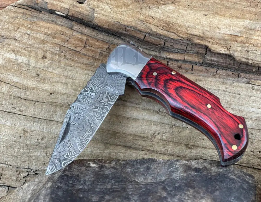 Handmade Damascus Pocket Knife - 6.5 Back Lock Folding Red Stained Wood Handle Camping