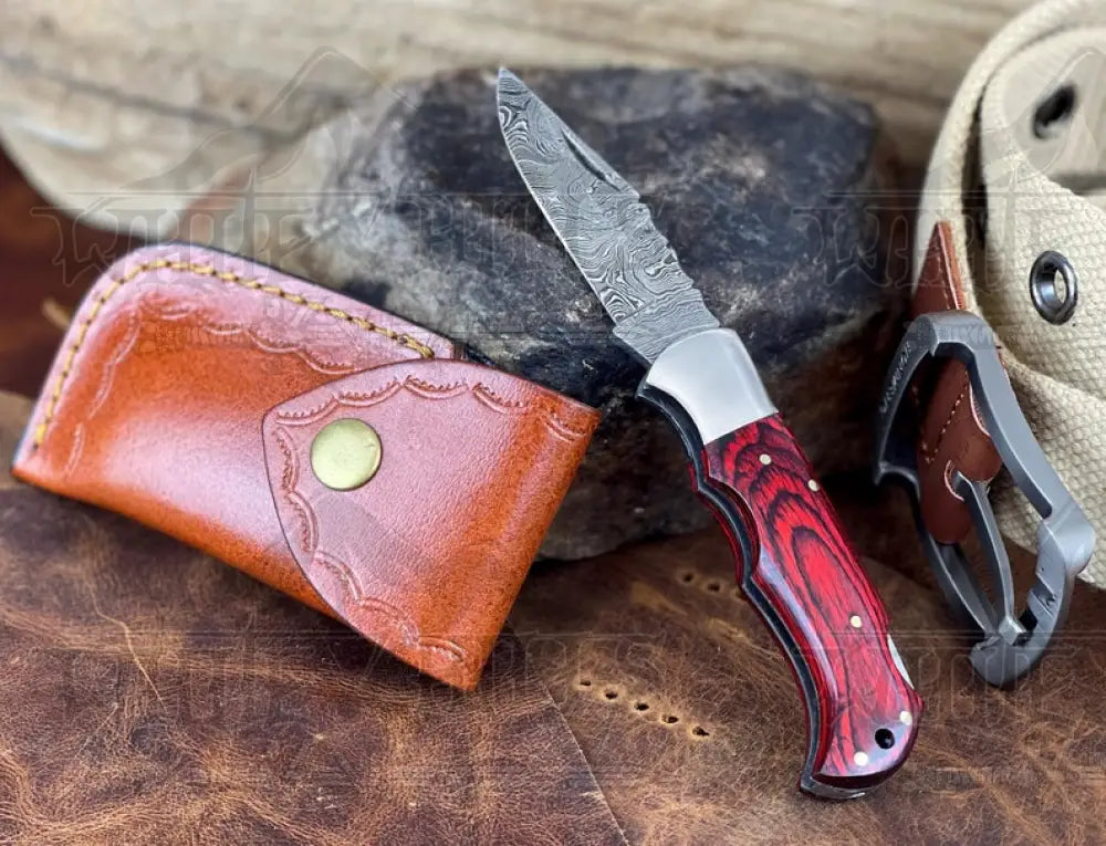 Handmade Damascus Pocket Knife - 6.5 Back Lock Folding Red Stained Wood Handle Camping