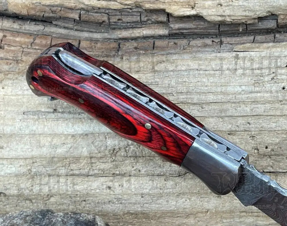 Handmade Damascus Pocket Knife - 6.5 Back Lock Folding Red Stained Wood Handle Camping