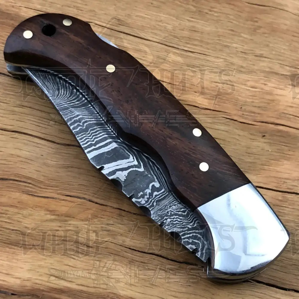 Handmade Damascus Pocket Knife - 6.5 Back Lock Folding Wood Handle Camping